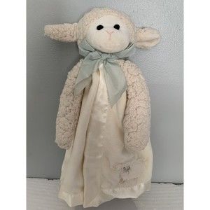 Bearington Baby Lamb Security Blanket Lovey Ecru Velour Fleece Satin Green 14"